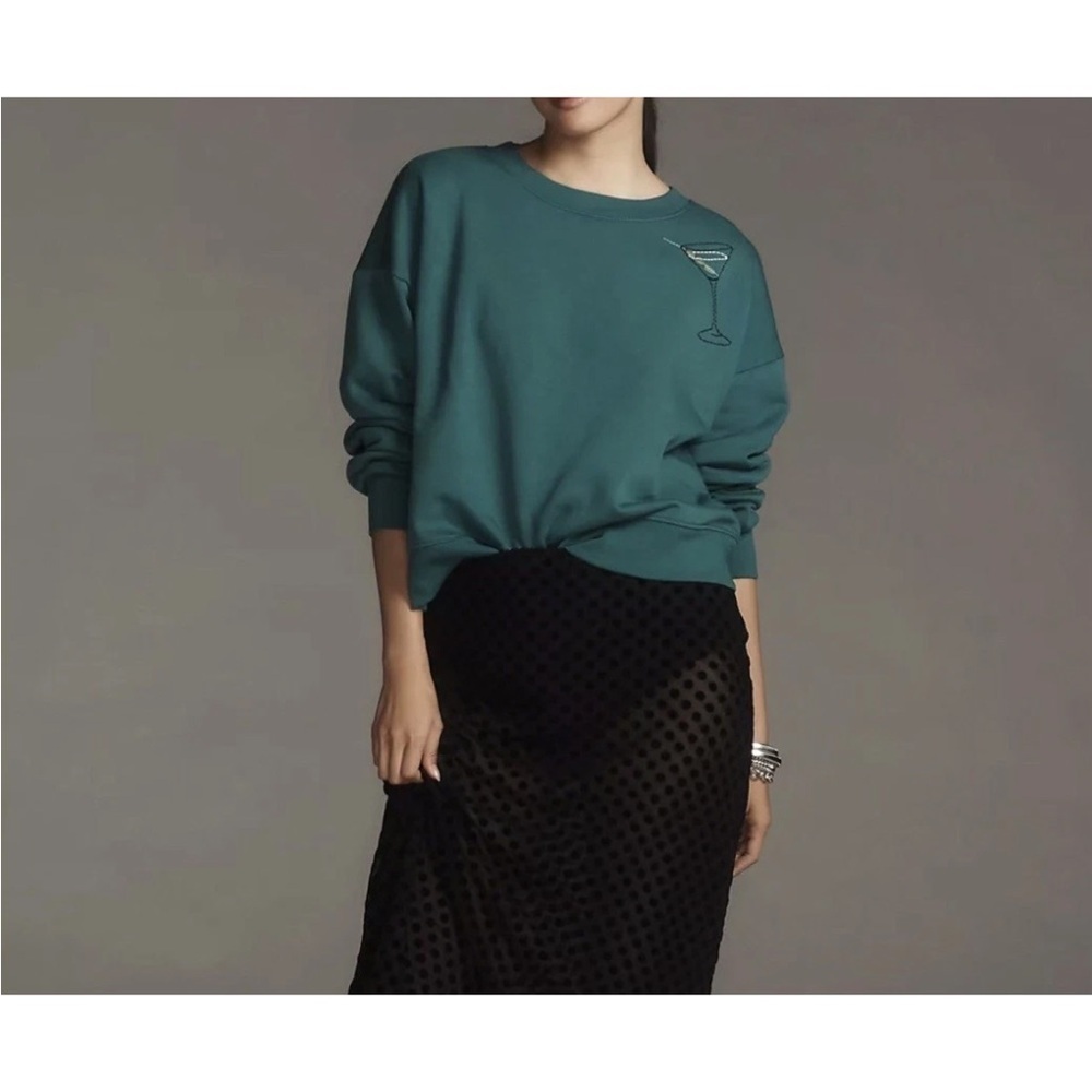 Maeve Anthropologie Martini Embroidered Crewneck Sweatshirt Womens Small Green